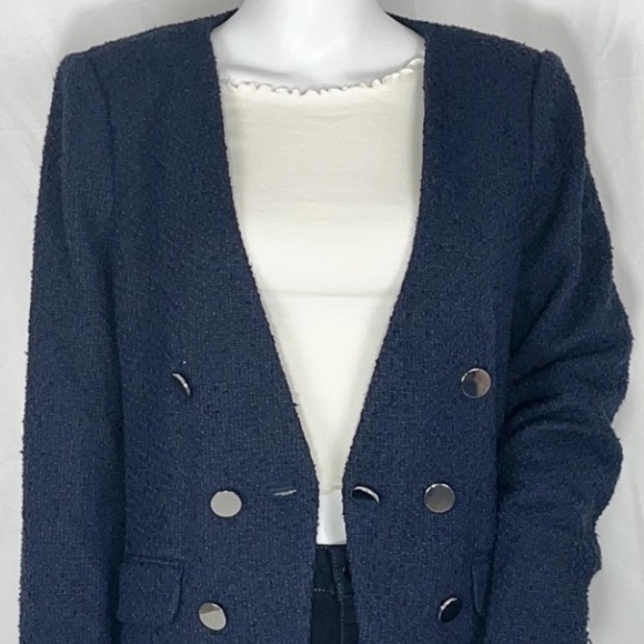 CalvinKlein Navy Long Sleeves Tweed-Like Buttons Blazer Jacket Sz12 Flap Pockets - Picture 11 of 16